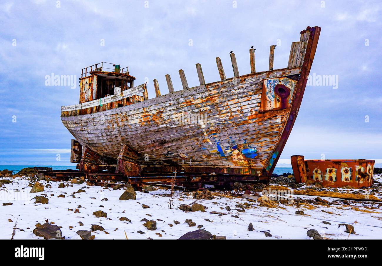 Vecchia barca di legno in Islanda Foto Stock