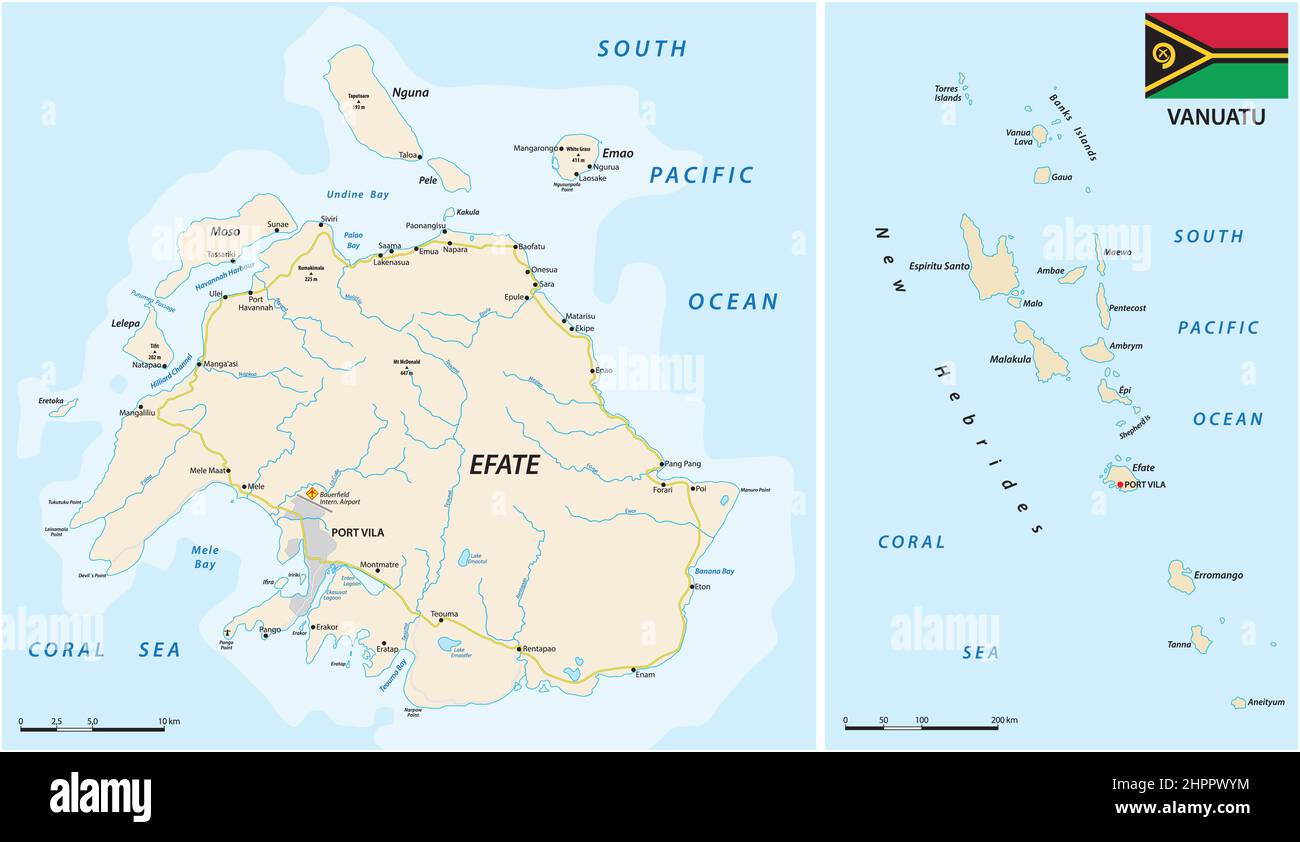Mappa stradale vettoriale dell'isola di Efate, Vanuatu Illustrazione Vettoriale