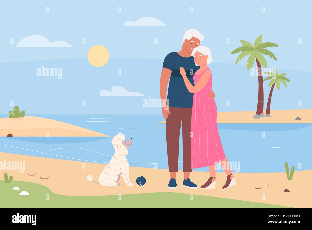 Coppia anziana con il loro cane che gioca sulla spiaggia. Famiglia all'aperto che passa insieme, persone anziane attive illustrazione vettoriale piatta Illustrazione Vettoriale