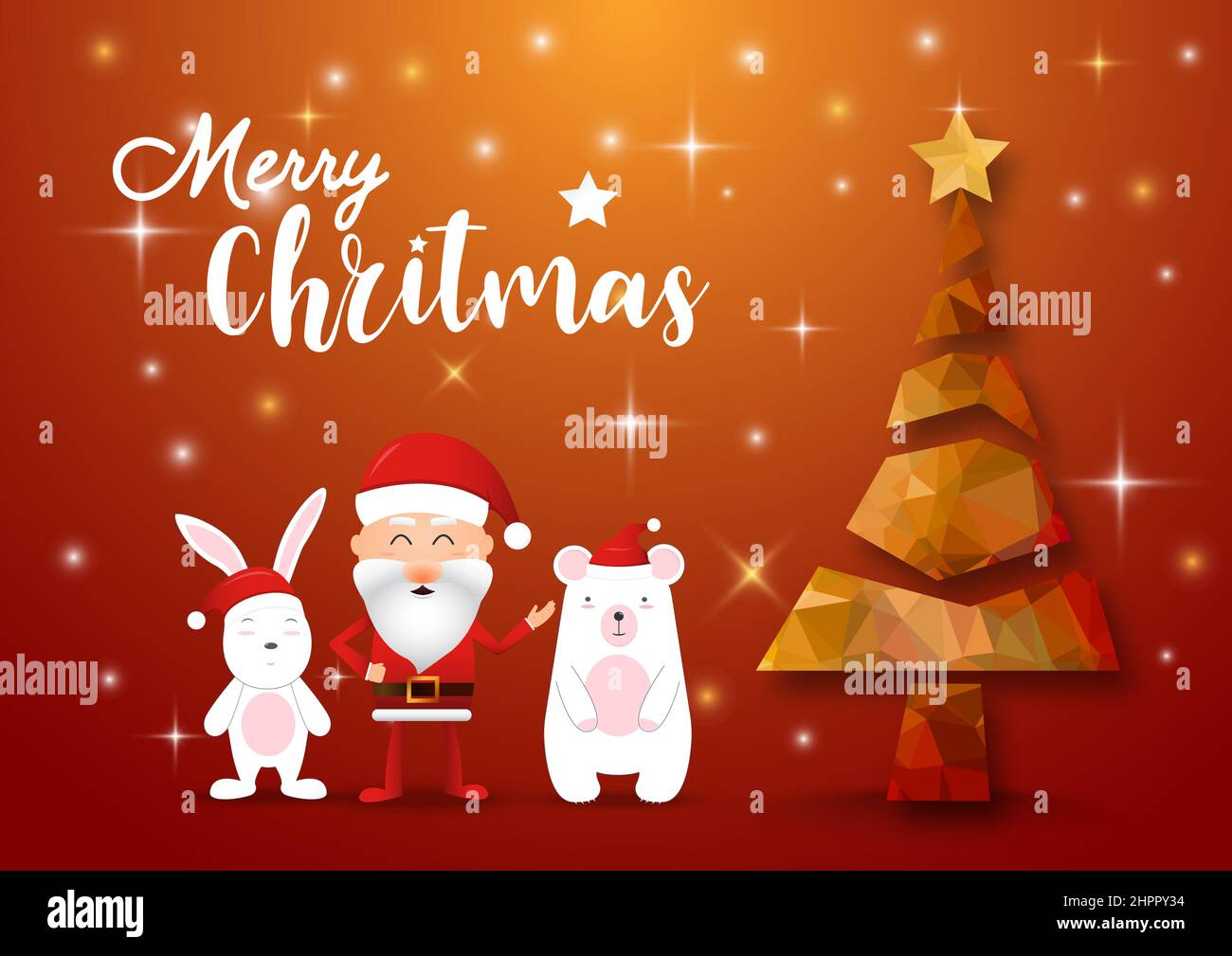 Buon natale e felice anno nuovo fantasia oro xmas albero. Babbo Natale, coniglio e orso a Natale. illustrator vettore. Illustrazione Vettoriale