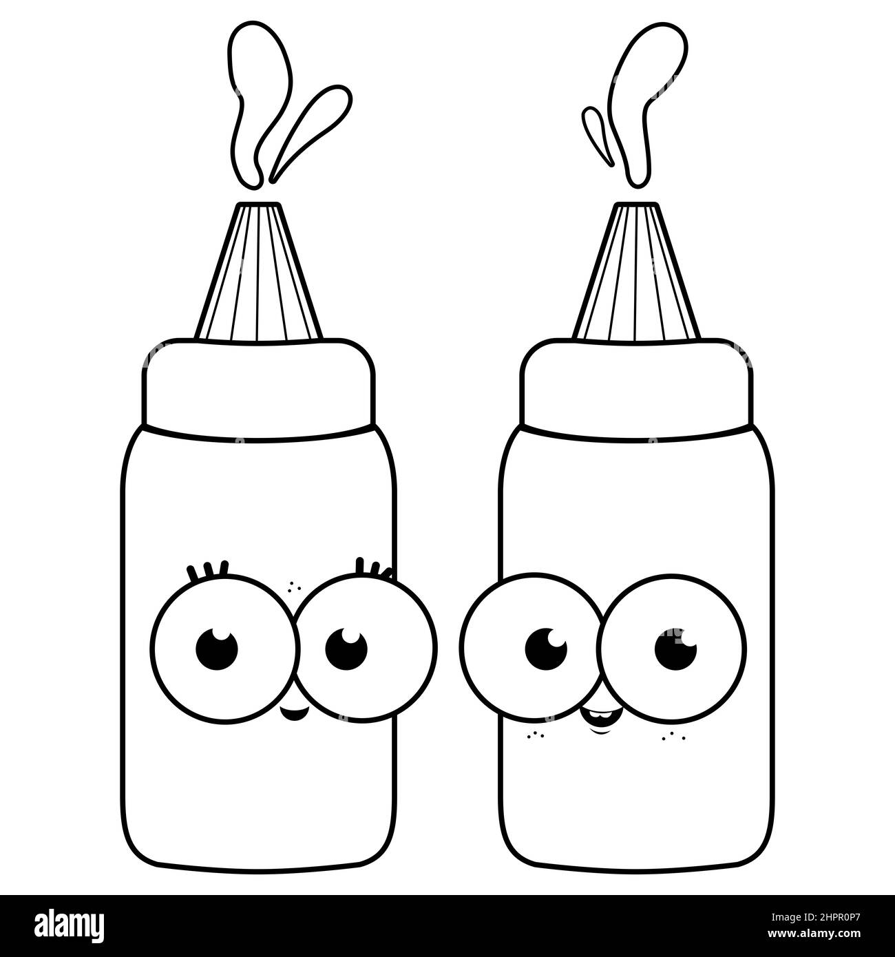 Bottiglie cartoon di ketchup e senape di pomodoro. Pagina da colorare in bianco e nero Foto Stock