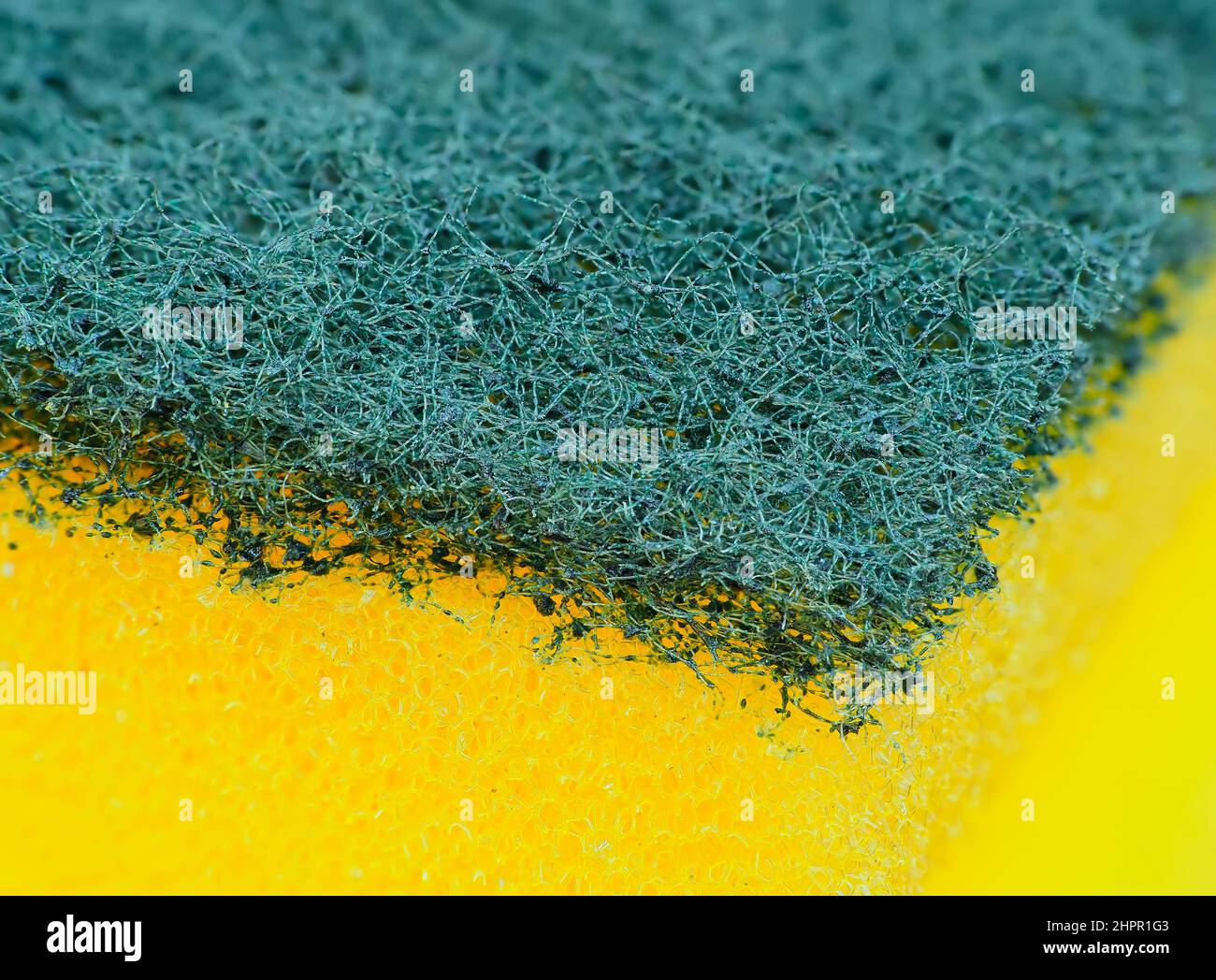 Primo piano estremo di una spugna da cucina, di colore giallo e verde Foto Stock