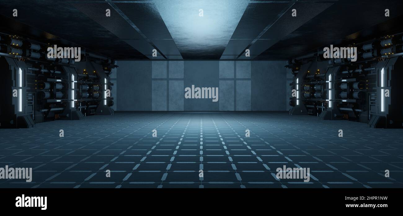 Moderno futuristico CyberSteampunk Alien Interior vuoto Studio luce Purple colori futuristico sfondo Alien Scene Concept Art usato come sfondo 3D R Foto Stock