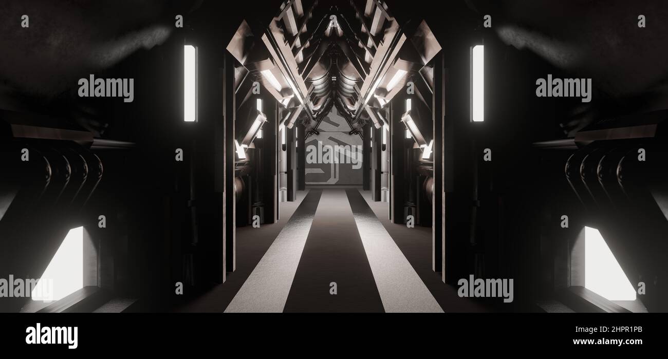 Vuoto Hangar meraviglioso verde scuro colori sfondo moderno Alien Scene concetto Art 3D Render Foto Stock