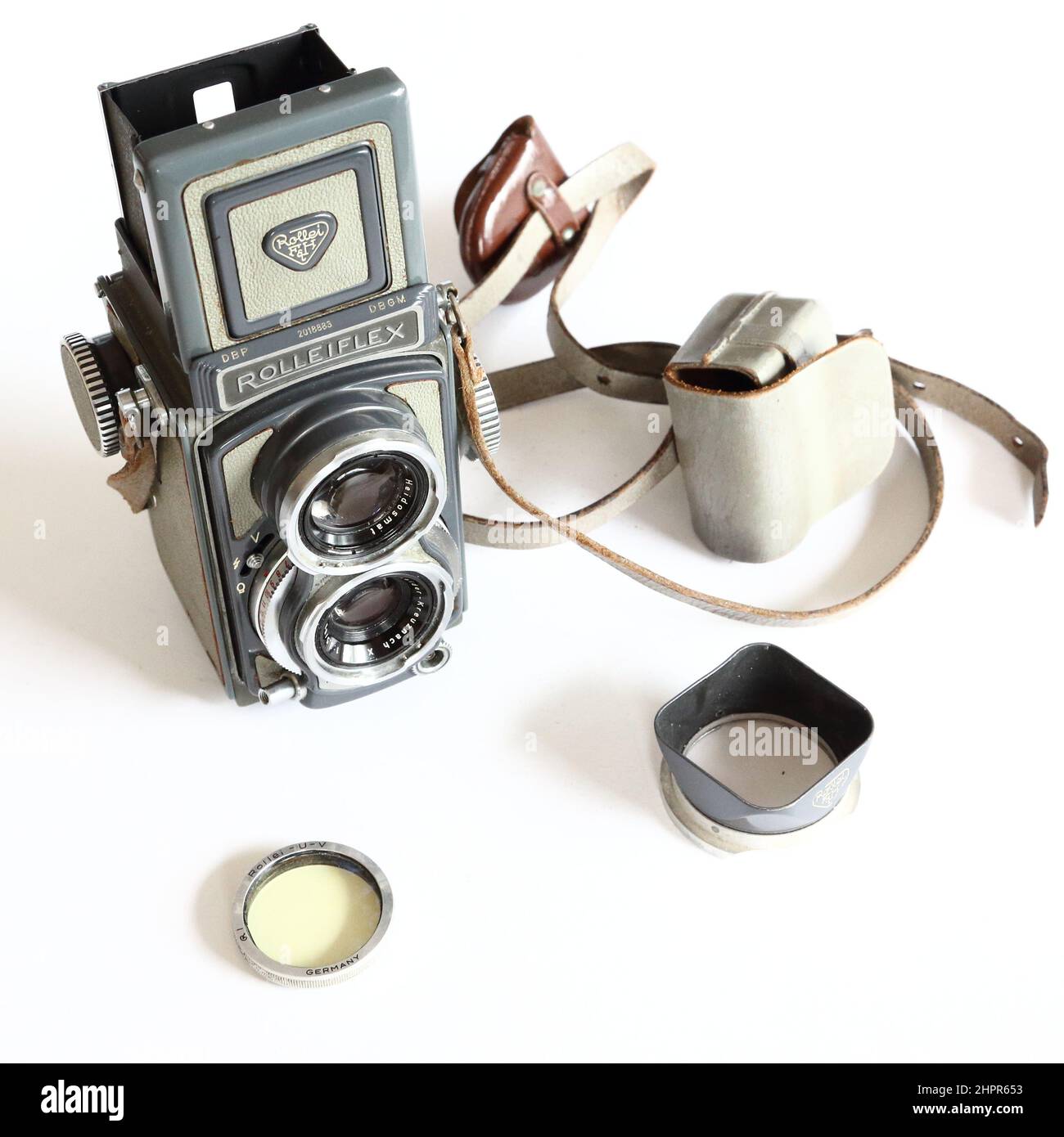 Vintage German Franke & Heidecke Rolleiflex telecamera rlex a doppio obiettivo di medio formato con obiettivo Xenar e accessori Foto Stock