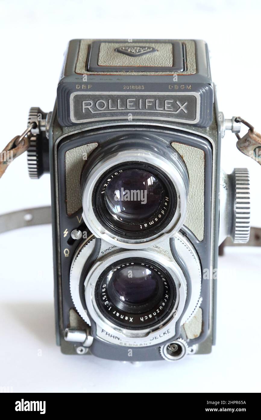 Vintage German Franke & Heidecke telecamera rlex a doppio obiettivo Rolleiflex di formato medio con obiettivo Xenar Foto Stock