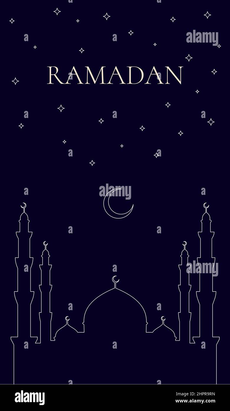 La festa musulmana del mese santo di Ramadan Kareem. Grafica vettoriale di benvenuto con moschea cupola silhouette, stelle e mezzaluna Illustrazione Vettoriale