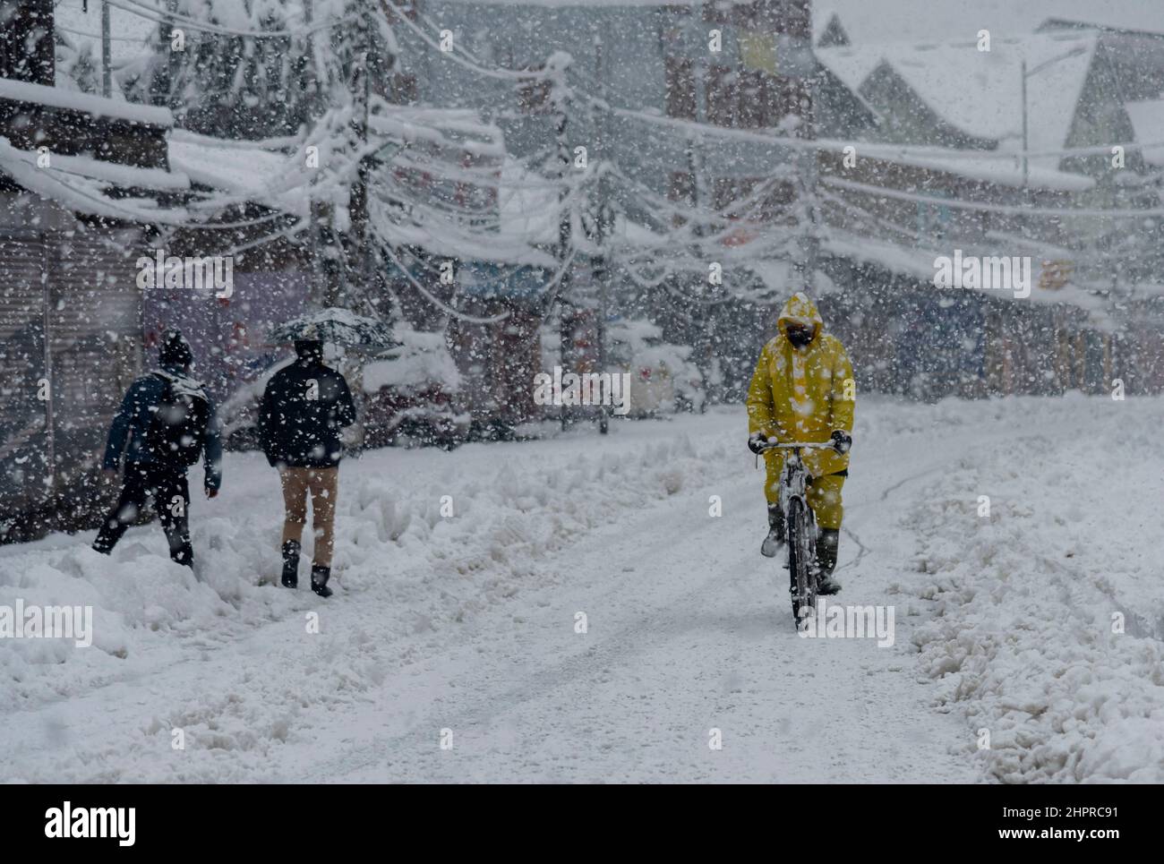 Kashmir, India , 23/02/2022, Srinagar, India. 23rd Feb 2022. Un uomo guida la sua bicicletta attraverso una strada coperta di neve durante la nevicata pesante in Srinagar.la valle del Kashmir il Mercoledì mattina svegliato fino ad una coperta pesante di nevicate che ha interrotto la vita normale delle persone. Le operazioni di volo, il trasporto di superficie e le attività di routine della vita si sono arrestate. Credit: SOPA Images Limited/Alamy Live News Foto Stock