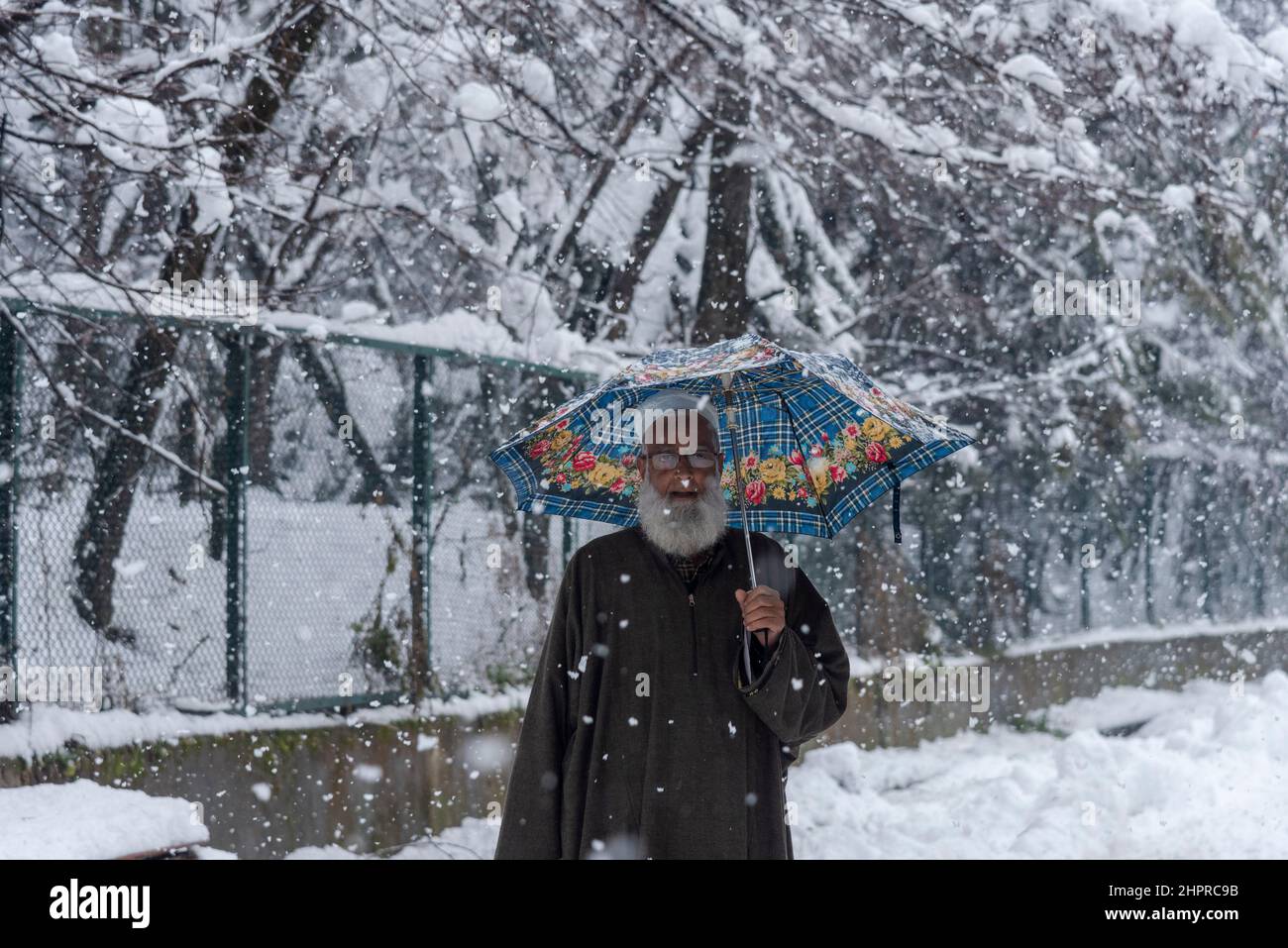 Kashmir, India , 23/02/2022, Srinagar, India. 23rd Feb 2022. Un vecchio uomo tiene un ombrello mentre cammina attraverso una strada coperta di neve durante la nevicata pesante in Srinagar.The valle del Kashmir il mercoledì mattina svegliato ad una coperta pesante di nevicata che ha interrotto la vita normale della gente. Le operazioni di volo, il trasporto di superficie e le attività di routine della vita si sono arrestate. Credit: SOPA Images Limited/Alamy Live News Foto Stock