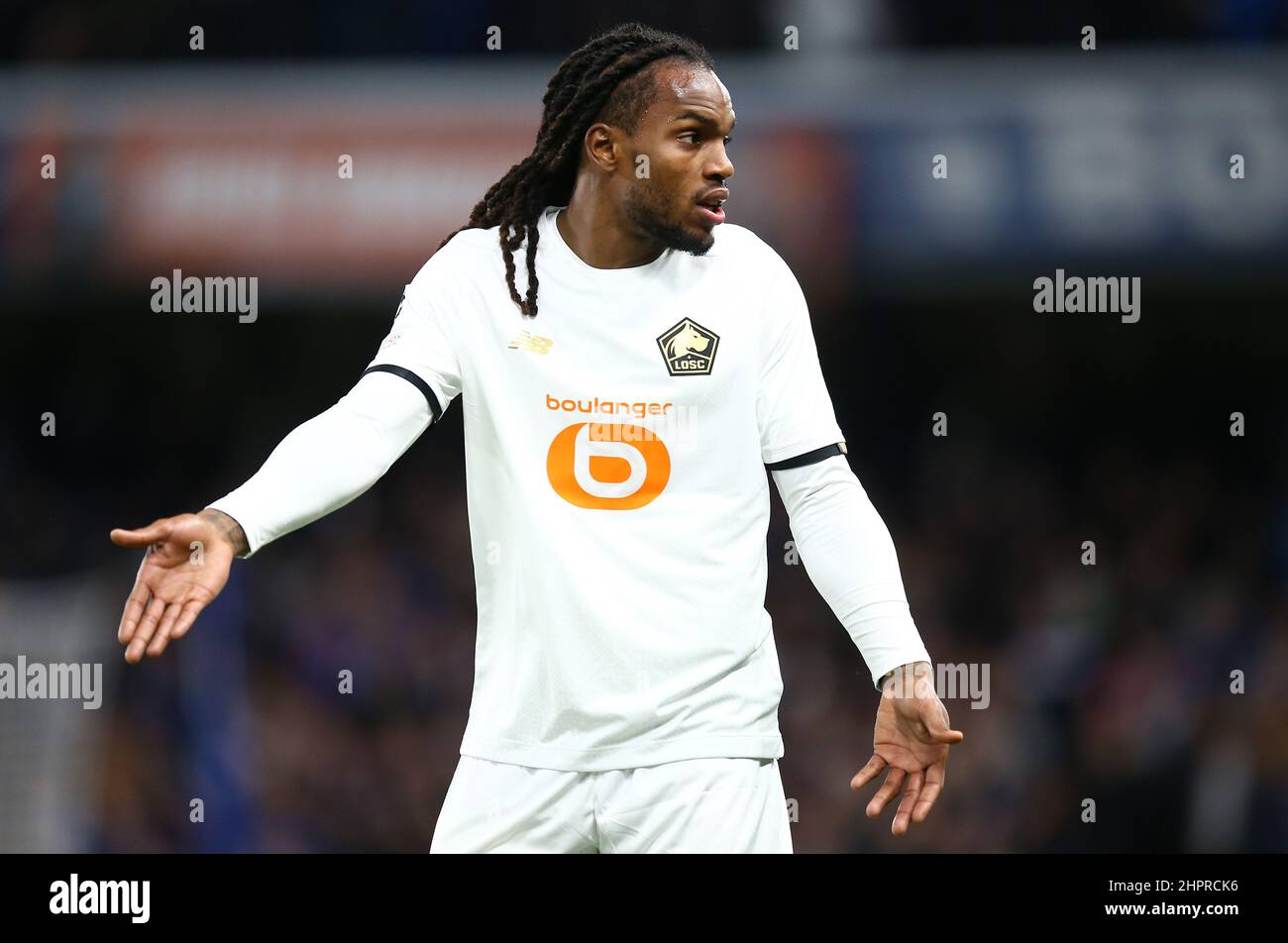 Renato Sanches di Lille reagisce durante la partita di calcio Chelsea contro Lille, UEFA Champions League, Stamford Bridge, Londra, Regno Unito. 22nd Feb 2022. Credit: Michael Zemanek/Alamy Live News Foto Stock