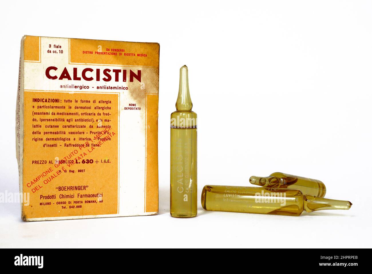 Vintage 1950s CALCISTIN flaconcini di medicinale con lattato di calcio per il trattamento delle allergie. BOEHRINGER - Milano (Italia) Foto Stock