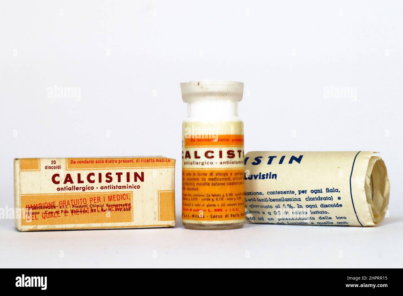 Vintage 1950s CALCISTIN compresse medicinale con lattato di calcio per il trattamento delle allergie. BOEHRINGER s.r.l. - Milano (Italia) Foto Stock
