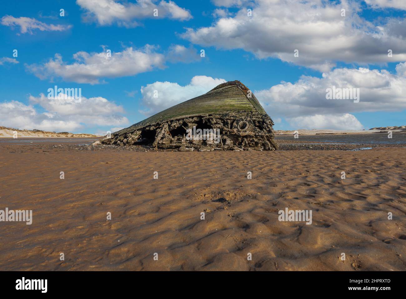 Un vecchio relitto sulla spiaggia del villaggio costiero di Newburgh, Aberdeenshire, Scozia, visto a bassa marea Foto Stock