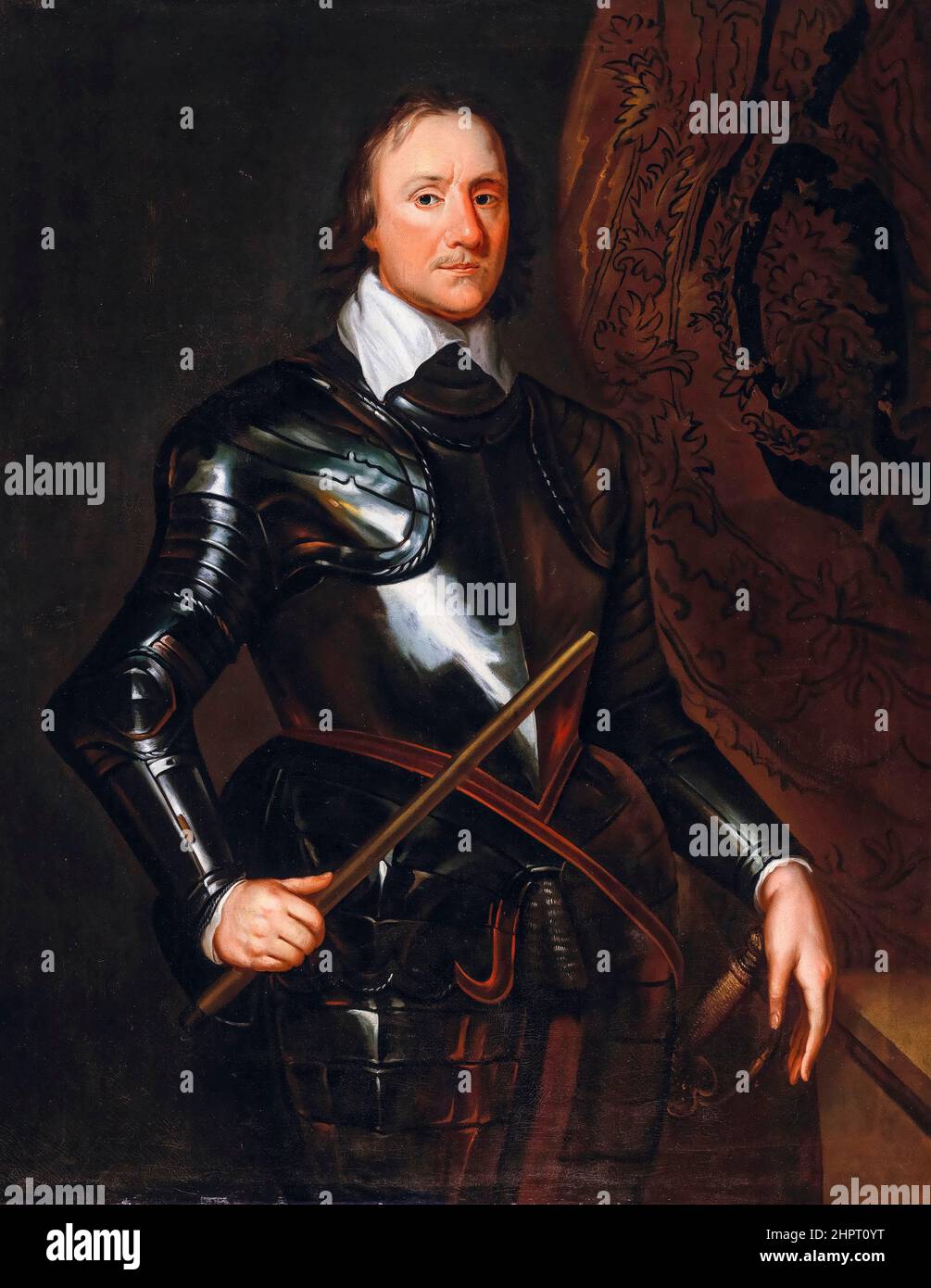 Oliver Cromwell, in armatura, tenendo un batone, olio su tela ritratto pittura da Workshop di Robert Walker, non Foto Stock