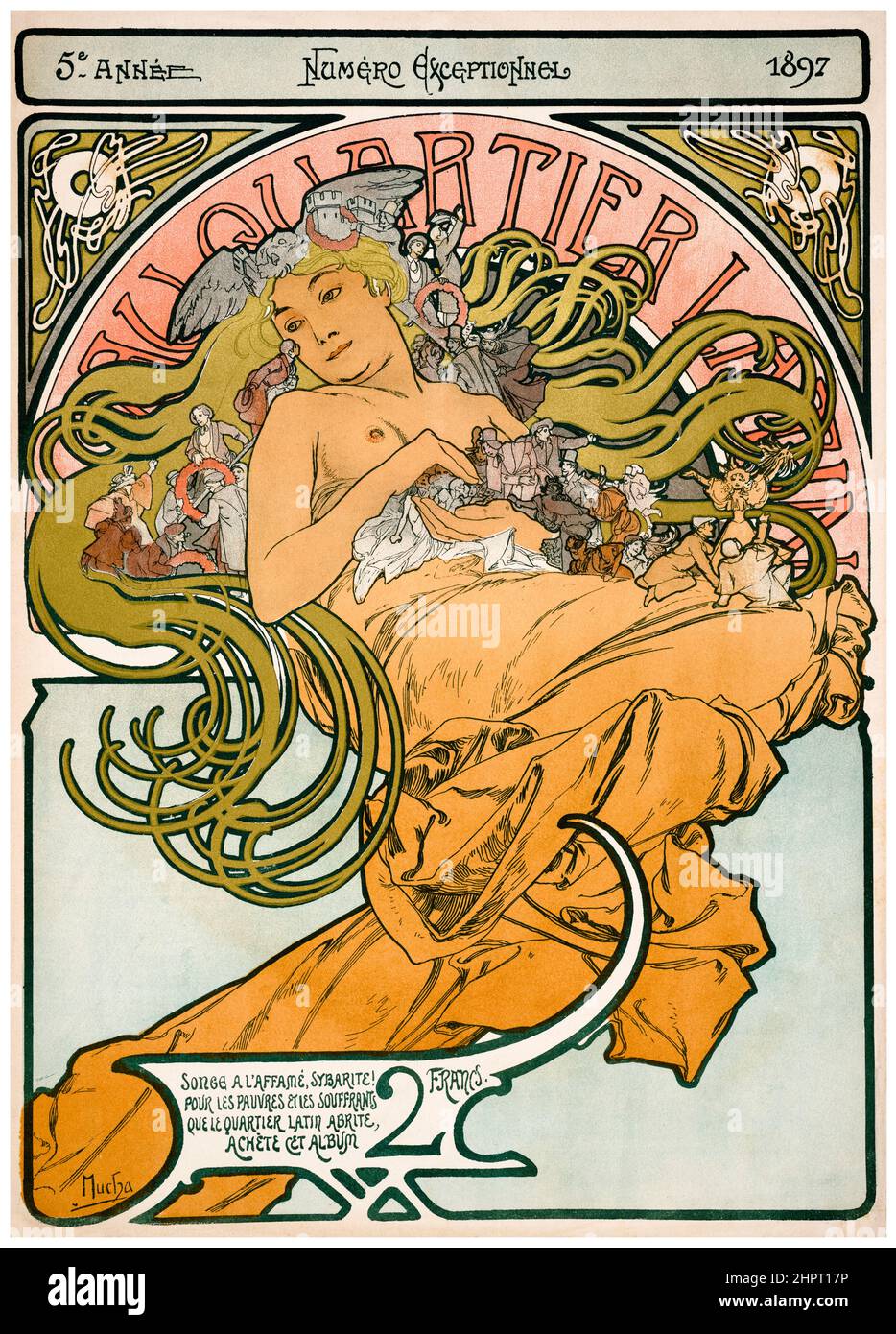 Alphonse Mucha, illustrazione Art Nouveau, Au Quartier Latin, copertina illustrata di un opuscolo che promuove il quartiere Latino di Parigi venduto in aiuto dei poveri, 1897, stampa litografica Foto Stock
