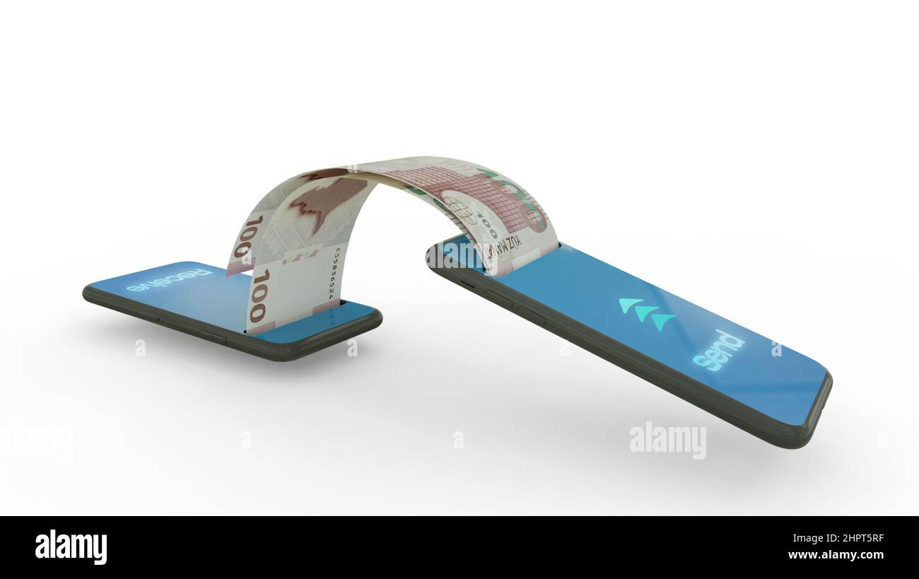 3D rendering di banconote di manat azerbaigiano che trasferiscono da un telefono a un altro. Concetto di transazione di denaro mobile Foto Stock