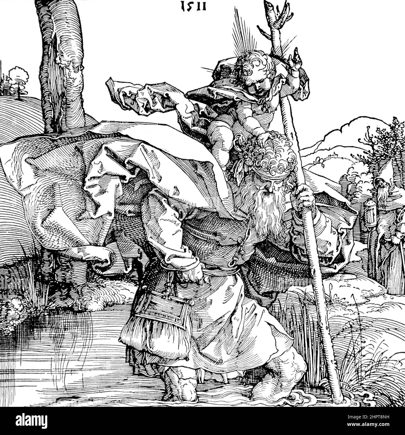 San Cristoforo che porta il Cristo Bambino. Incisore di Albert Durer (1471-1528). Foto Stock