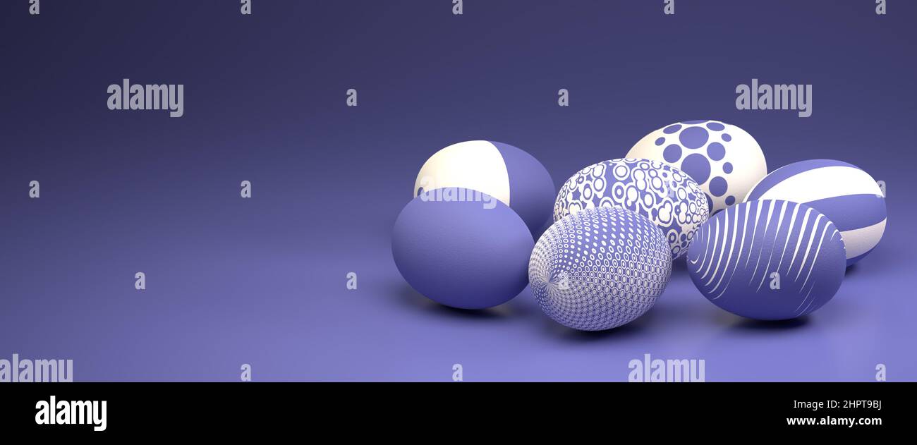 Uova di Pasqua con texture diverse nel colore molto Peri (colore dell'anno 2022) su uno sfondo senza giunture. Formato banner Web Foto Stock