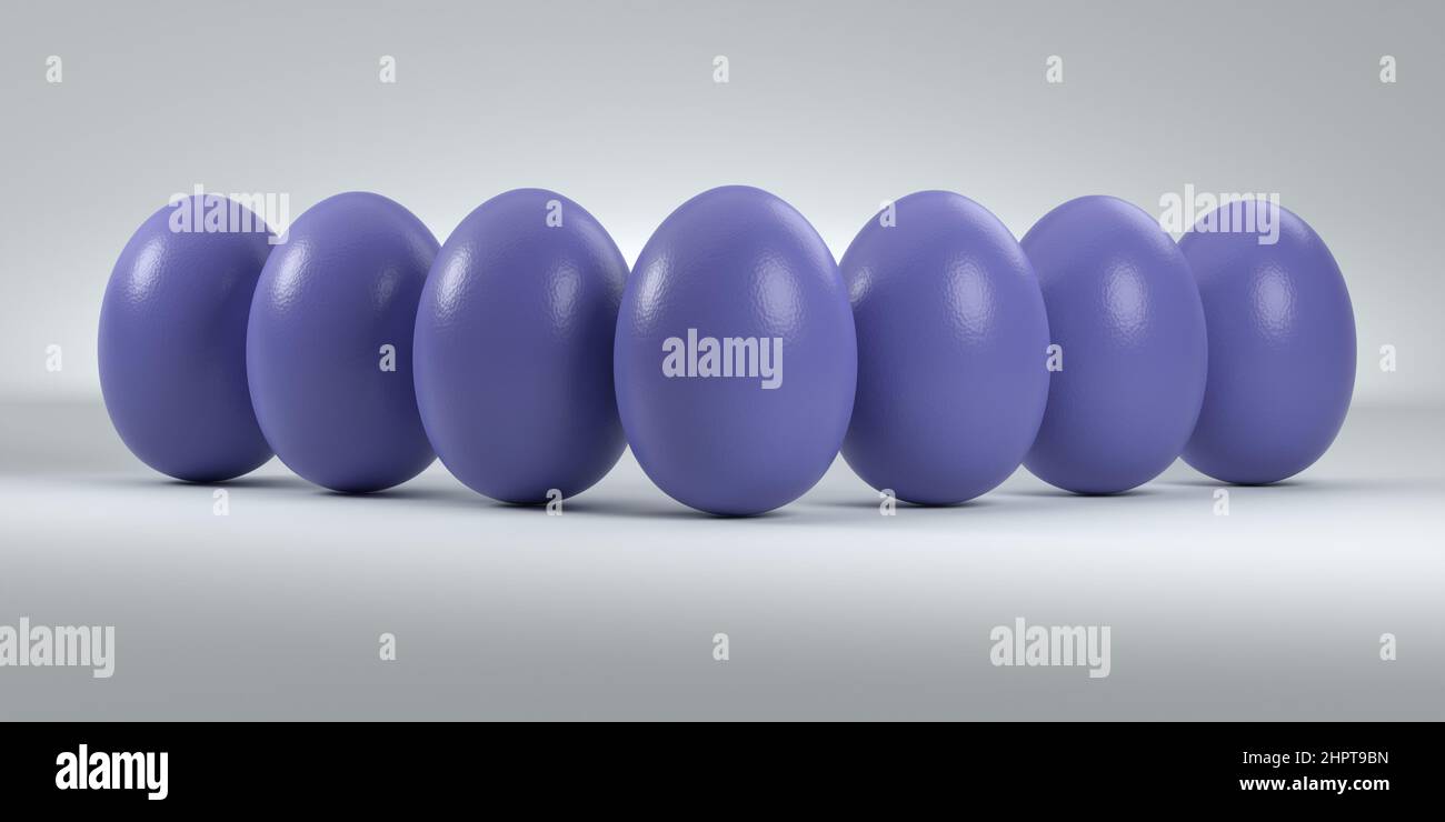 Uova di Pasqua di colore ''very Peri' dell'anno su sfondo grigio senza cuciture. Dimensione banner Web. Foto Stock