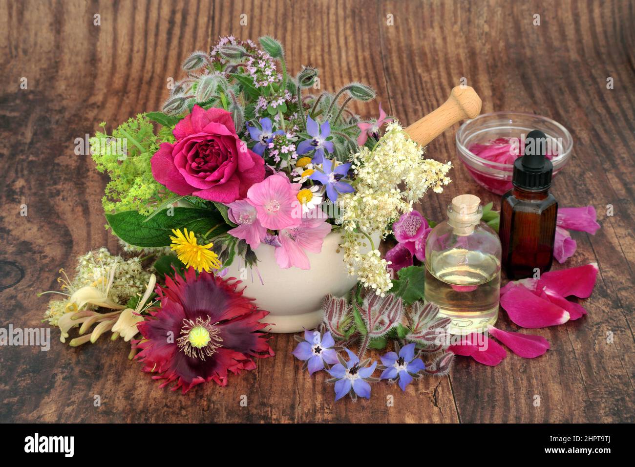 Preparazione della medicina della pianta a base di erbe con erbe e fiori e olio essenziale per rimedi alternativi. Concetto di salute e benessere naturale. Foto Stock