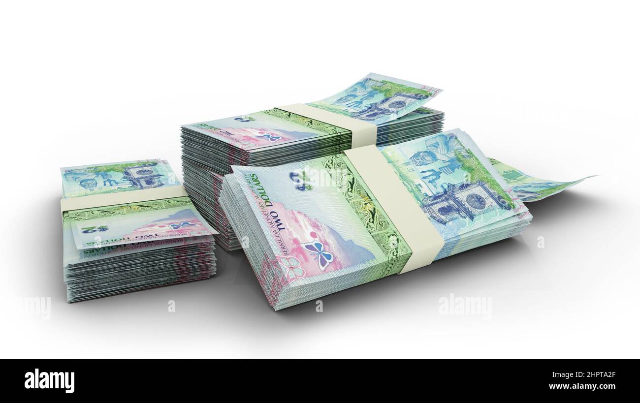3D Stack di banconote in dollari Bermudiani isolato su sfondo bianco Foto Stock