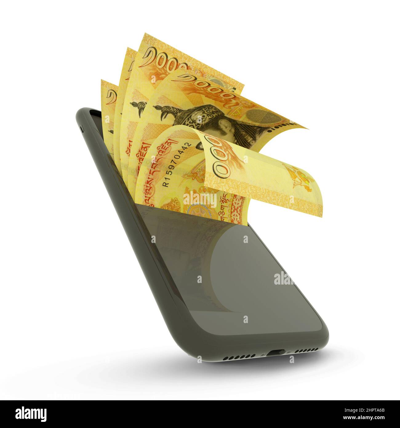 3D rendering di note ngulum bhutanese all'interno di un telefono cellulare isolato su sfondo bianco Foto Stock