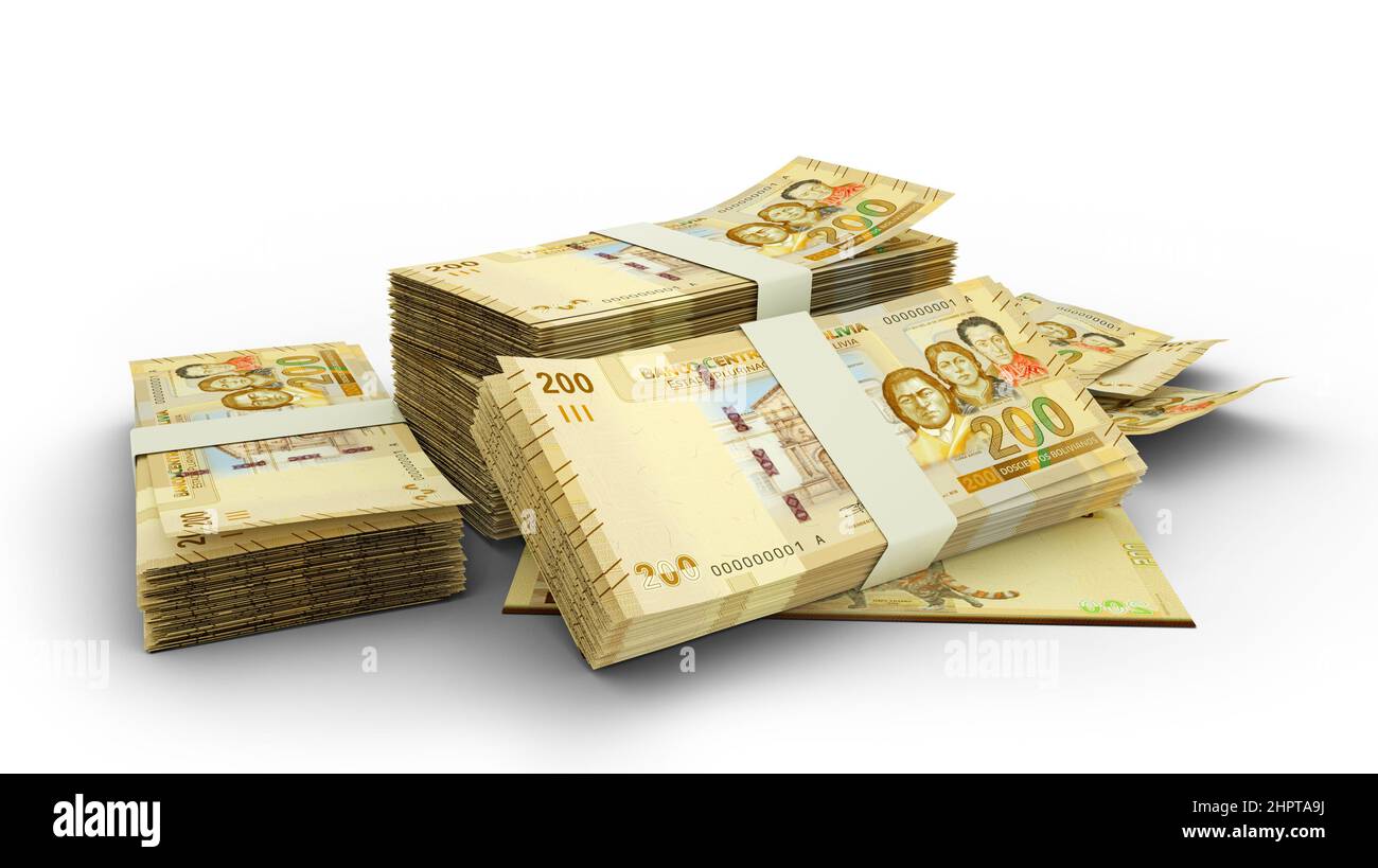 3D Stack di 200 note boliviane Boliviano isolate su sfondo bianco. Moneta boliviana Foto Stock