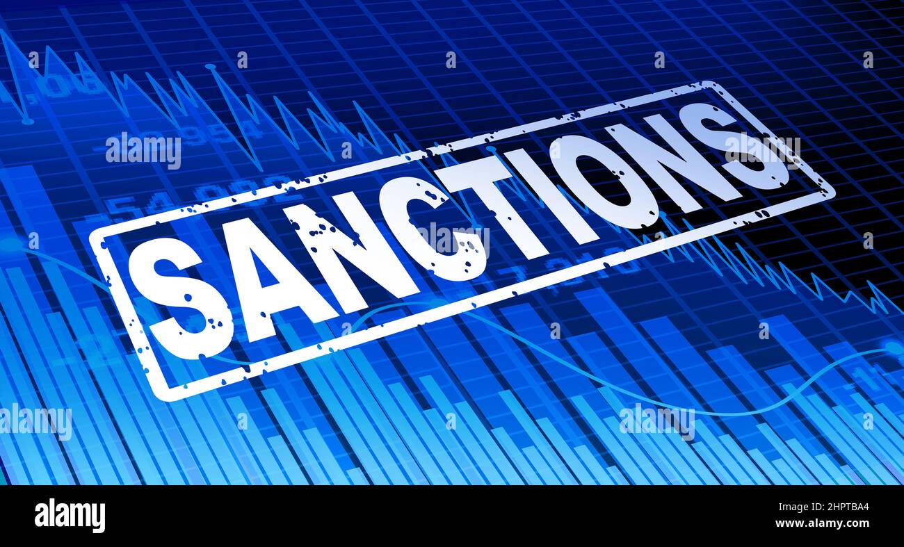 Sanzioni per gli investimenti e sanzioni economiche o restrizioni governative o tariffe punitive come sanzione per gli investimenti del mercato azionario finanziario. Foto Stock