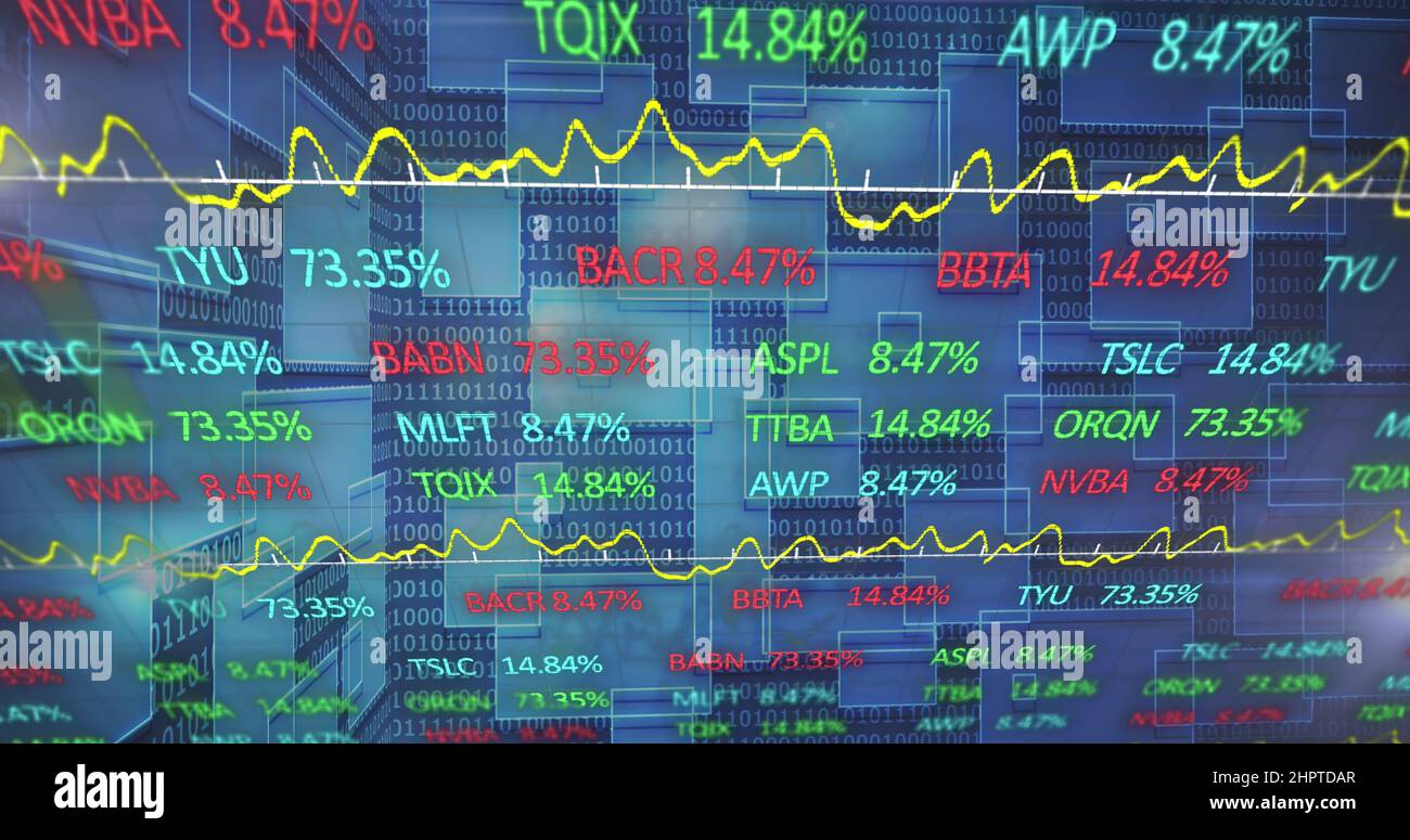 Immagine del mercato azionario e codifica binaria su sfondo nero Foto Stock