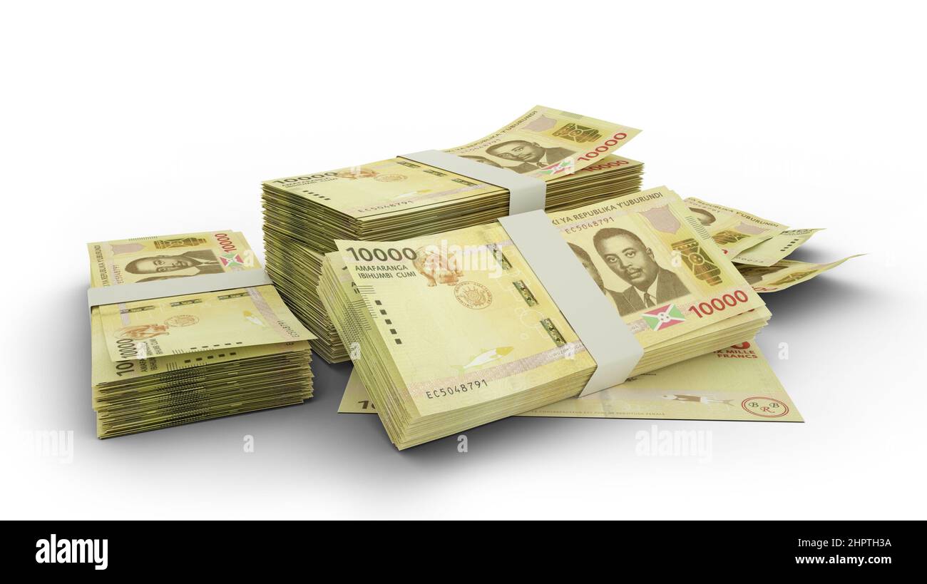 3D pila di 10000 banconote in franco burundese isolate su fondo bianco Foto Stock