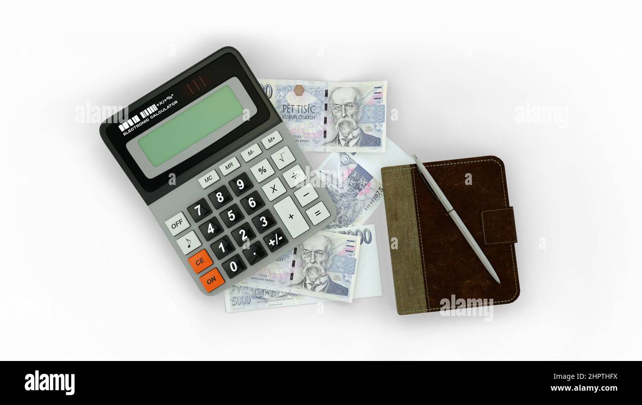 3D rappresentazione di una composizione isolata di note kurona ceche, una calcolatrice, un libro di note e una penna Foto Stock