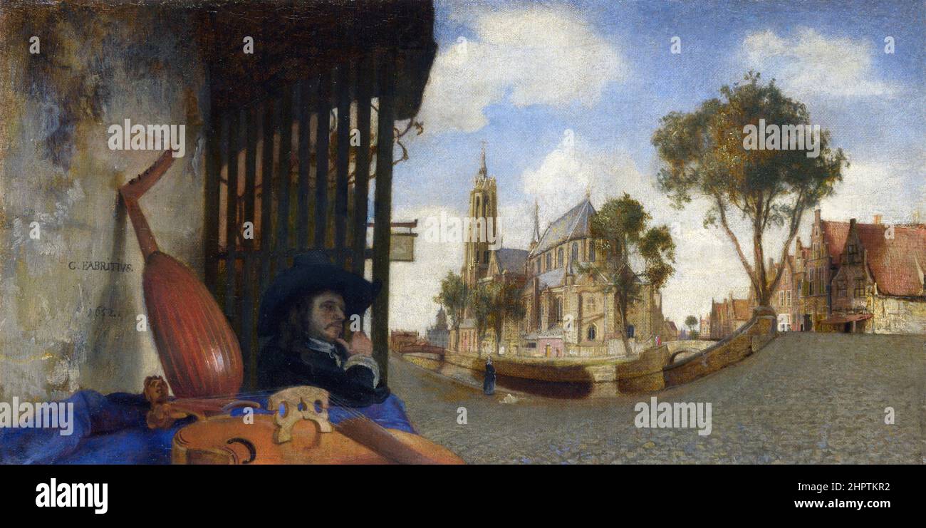 A View of Delft with a Musical Instrument Vender's Stall by the Dutch artist, Carel Fabritius (1622-1654), Oil on canvas, 1652 Foto Stock