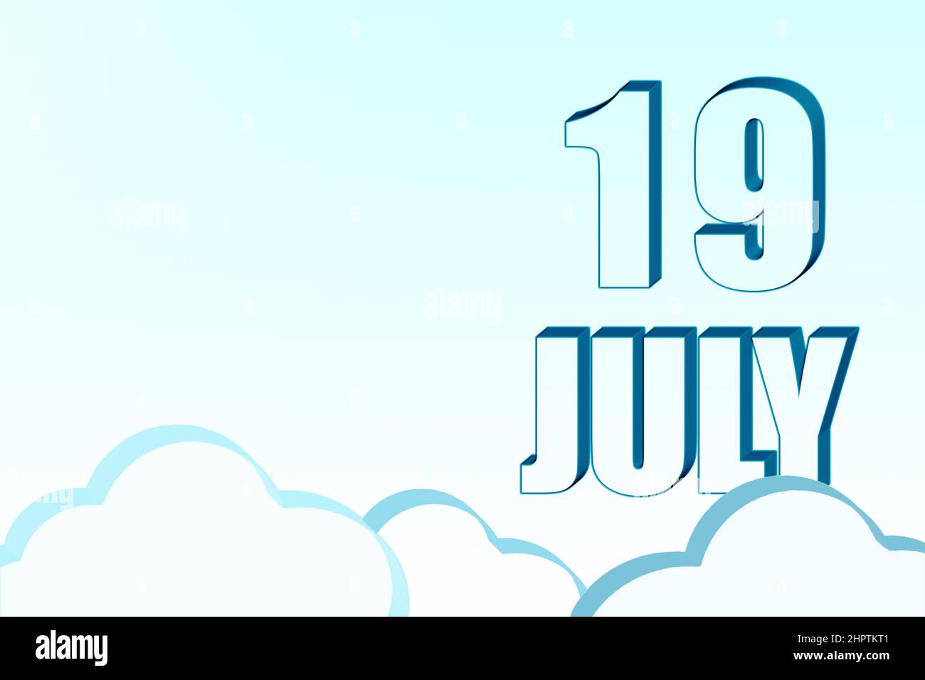 19th giorno di luglio. Calendario 3D con la data del 19July su cielo azzurro con nuvole, spazio copia. 3D testo. Illustrazione. Minimalismo. Mese estivo, giorno del Foto Stock