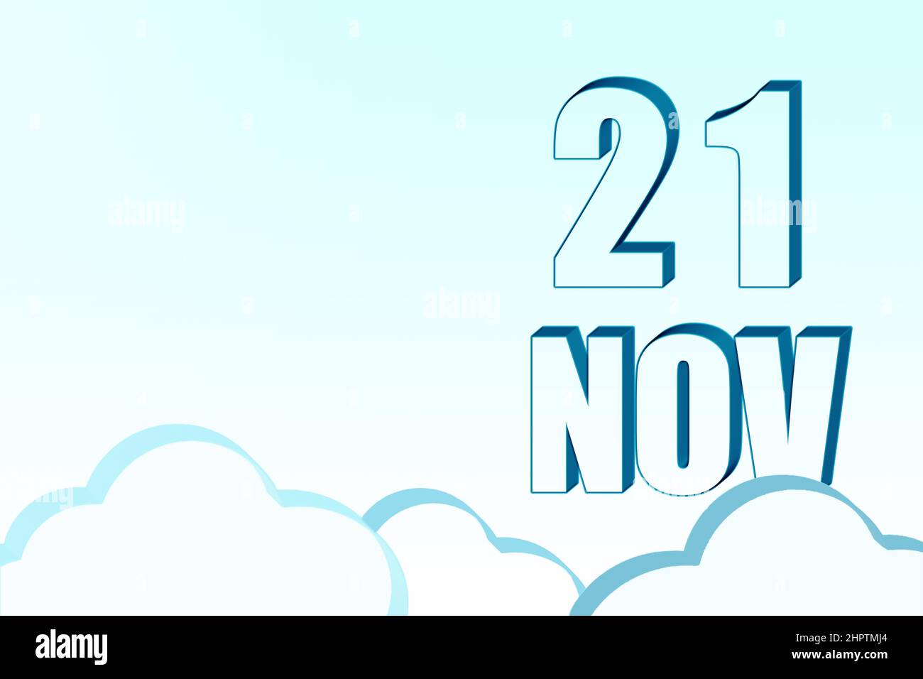 21st novembre. calendario 3D con la data del 21 novembre su cielo blu con le nuvole, spazio copia. 3D testo. Illustrazione. Minimalismo. Mese autunnale, d Foto Stock