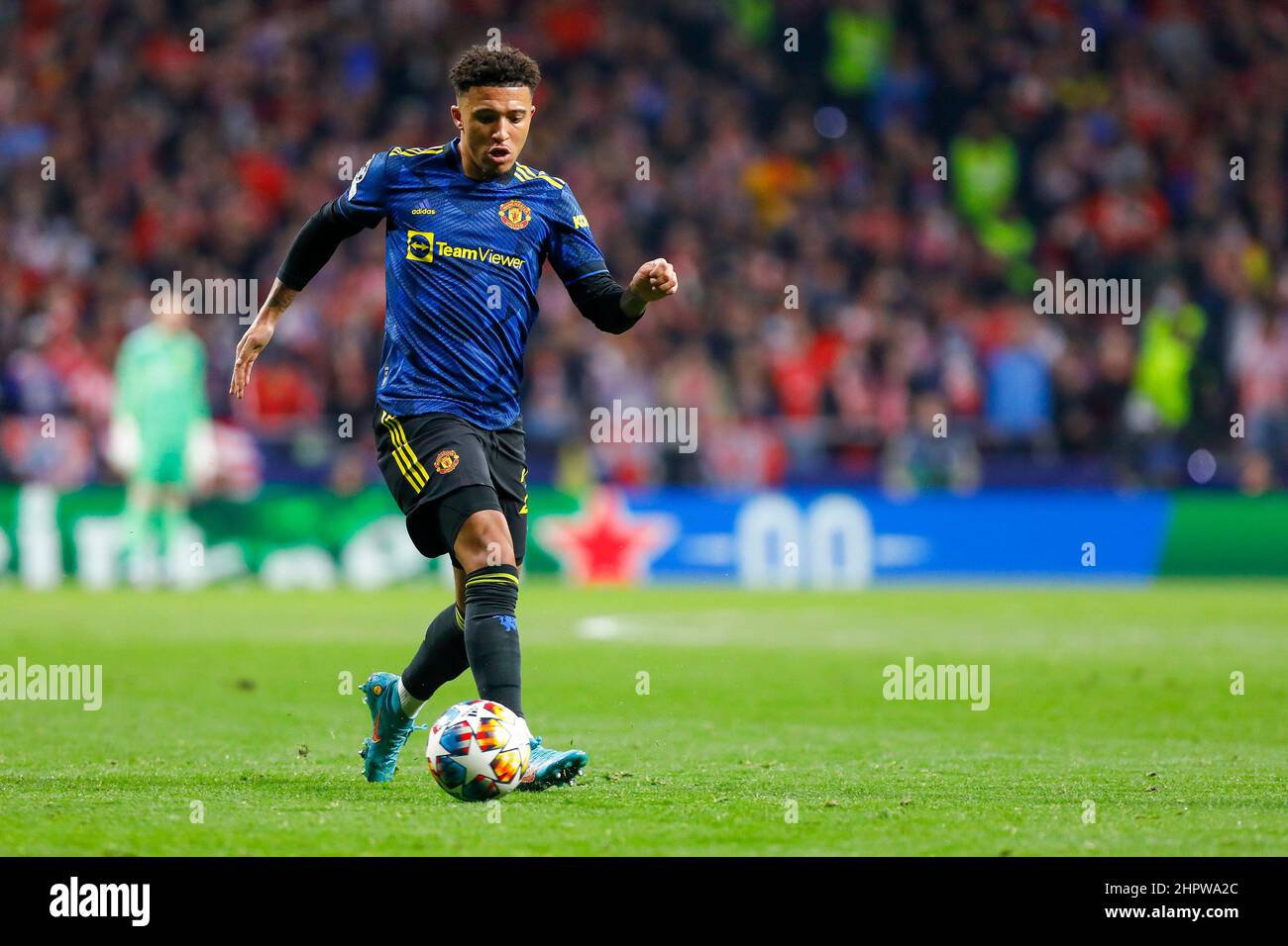 MADRID, SPAGNA - 23 FEBBRAIO: Jadon Sancho di Manchester United durante la partita UEFA Champions League tra il Club Atlético de Madrid e Manchester United all'Estadio Metropolitano il 23 febbraio 2022 a Madrid, Spagna (Foto di DAX Images/Orange Pictures) Foto Stock