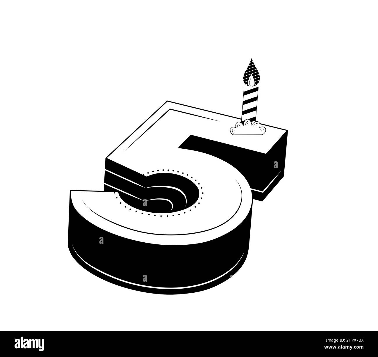 torta a forma di numero 5 in bianco e nero, illustrazione 3d isolata su sfondo bianco Foto Stock