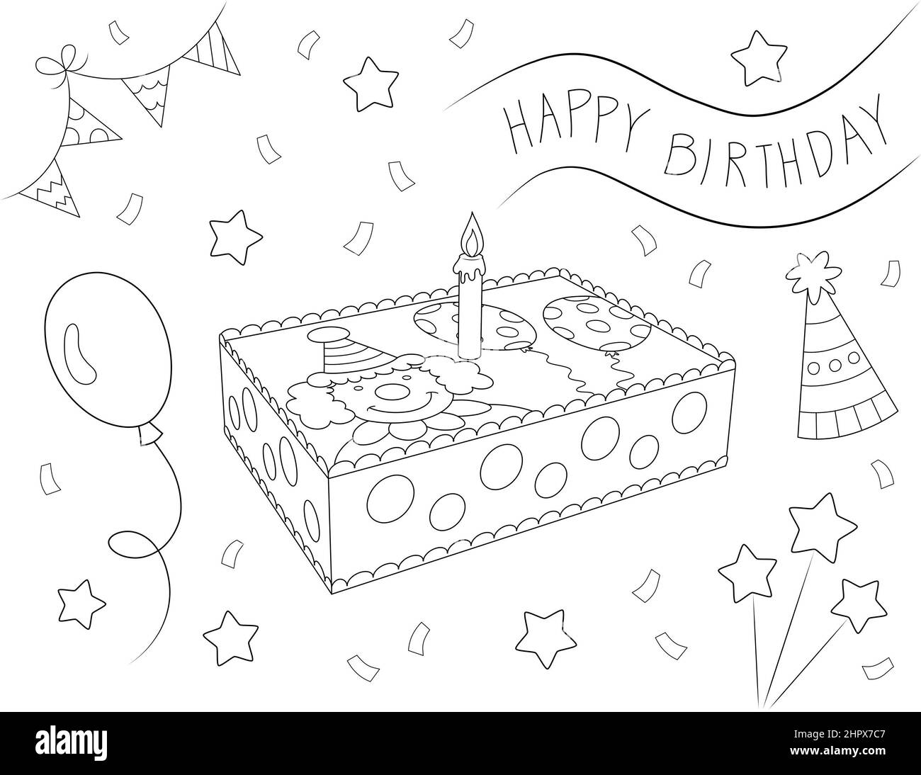 felice compleanno colorare pagina per bambini e adulti, 3d torta con clown e palloncini come decorazione Foto Stock