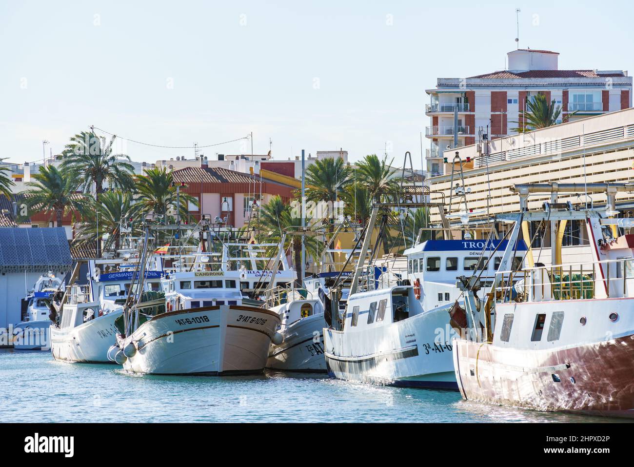 Dénia, Spagna. Dicembre 12, 2020. Mercato del pesce e barche da pesca ormeggiate nel porto di Denia Foto Stock