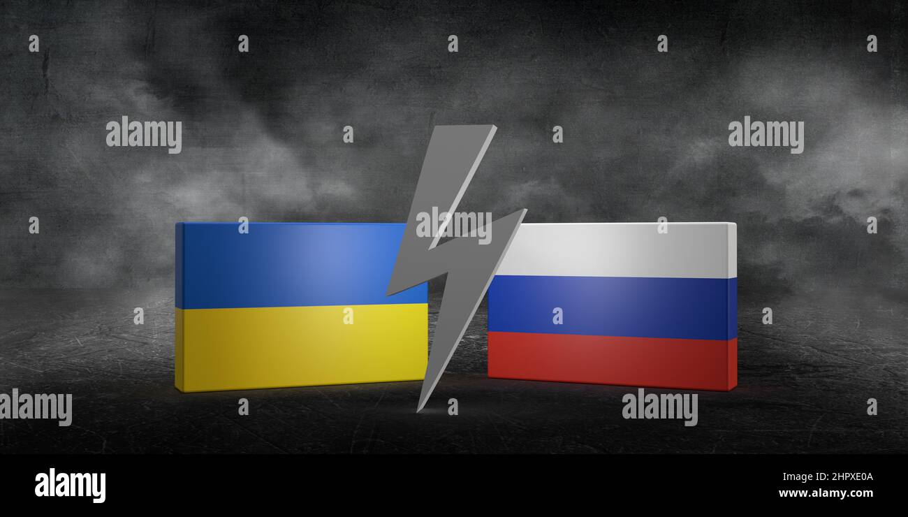 Ucraina - Russia guerra. Ucraino vs russo bandiera thunder icona in 3D rendering. Crisi del commercio tariffario, relazioni diplomatiche, strategia. Illustrazione per il Web Foto Stock