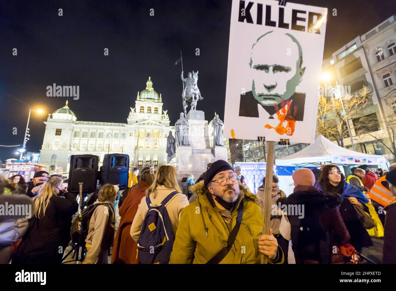 Protesta in Piazza Venceslao di Praga, 22 febbraio 2022 alla vigilia dell'invasione russa sull'Ucraina Foto Stock