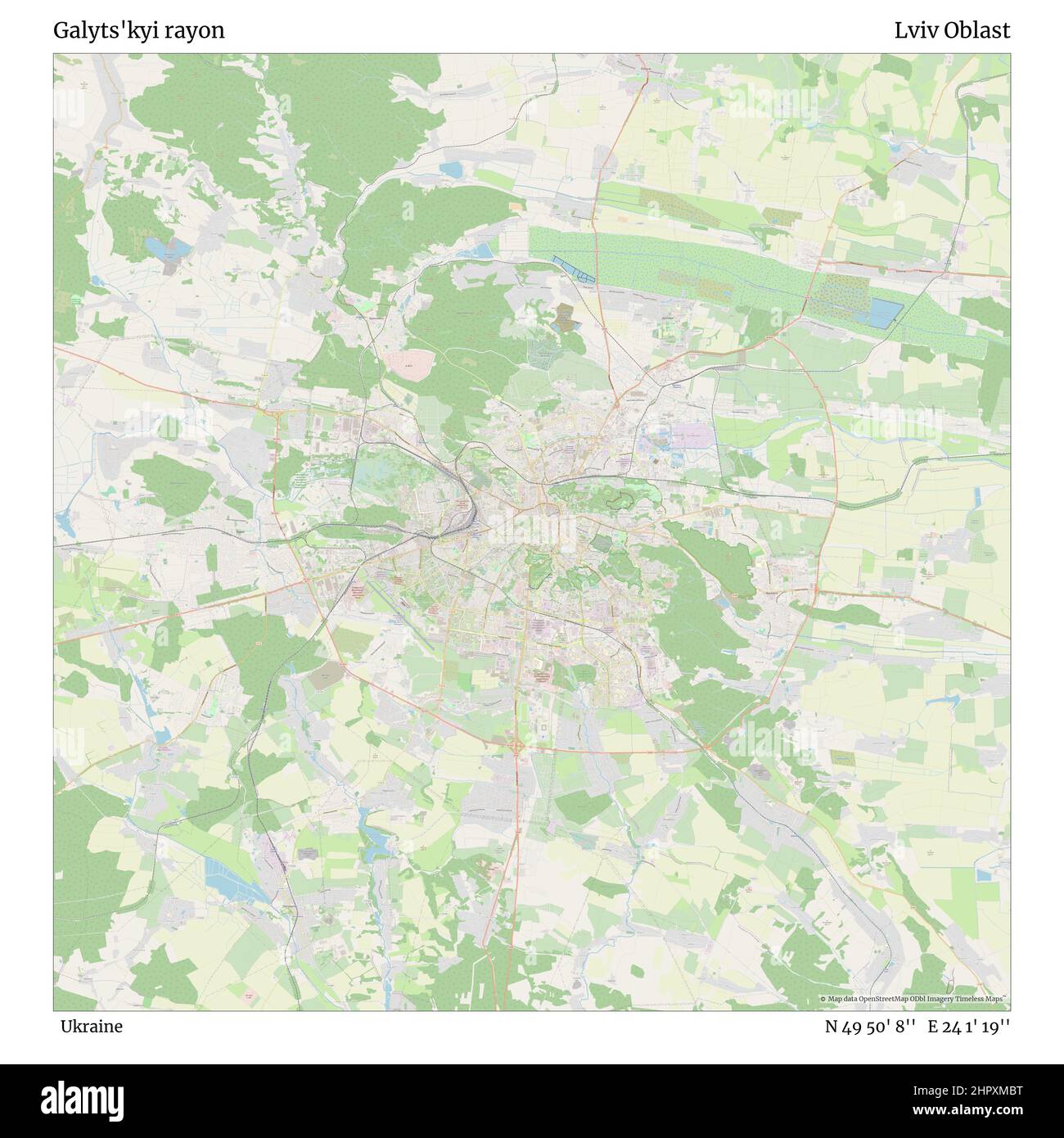 Galyts'kyi rayon, Ucraina, Lviv Oblast, N 49 50' 8'', e 24 1' 19''', mappa, mappa senza tempo pubblicata nel 2021. Viaggiatori, esploratori e avventurieri come Florence Nightingale, David Livingstone, Ernest Shackleton, Lewis and Clark e Sherlock Holmes si sono affidati alle mappe per pianificare i viaggi verso gli angoli più remoti del mondo, Timeless Maps sta mappando la maggior parte delle località del mondo, mostrando il successo di grandi sogni Foto Stock