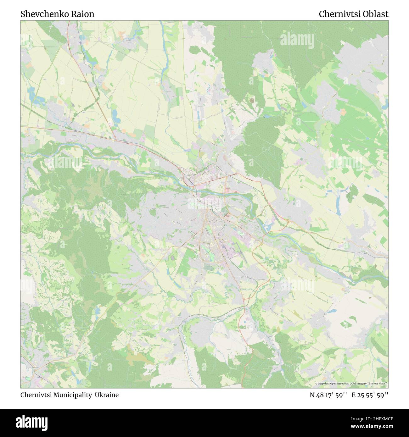 Shevchenko Raion, comune di Chernivtsi, Ucraina, Chernivtsi Oblast, N 48 17' 59'', e 25 55' 59''', mappa, mappa senza tempo pubblicata nel 2021. Viaggiatori, esploratori e avventurieri come Florence Nightingale, David Livingstone, Ernest Shackleton, Lewis and Clark e Sherlock Holmes si sono affidati alle mappe per pianificare i viaggi verso gli angoli più remoti del mondo, Timeless Maps sta mappando la maggior parte delle località del mondo, mostrando il successo di grandi sogni Foto Stock