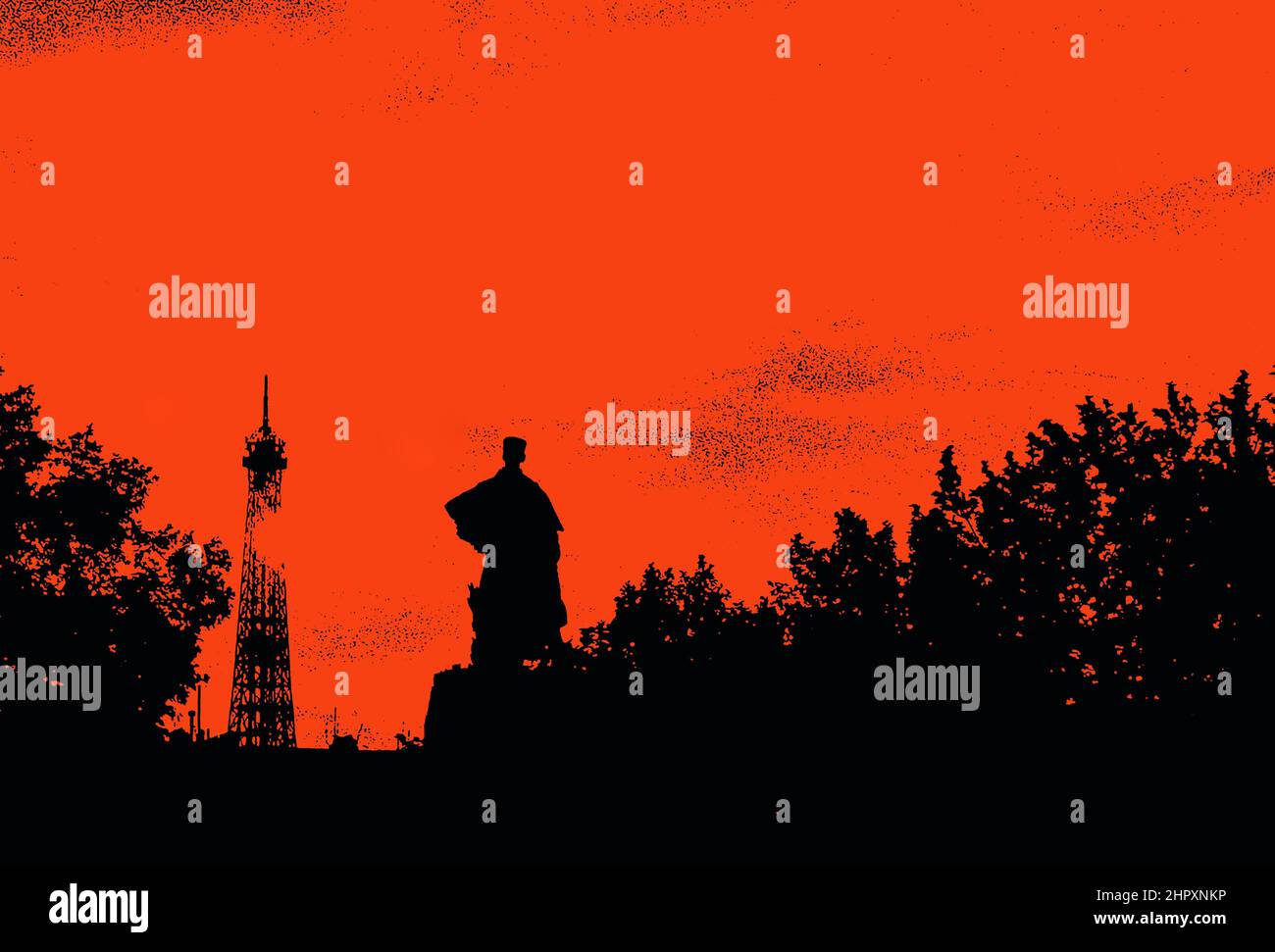 Foto illustrazione la statua di Marechal Gallieni in silhouette con la Torre Eiffel in lontananza. Una volta che i soggetti venerati sono ora il centro di c Foto Stock