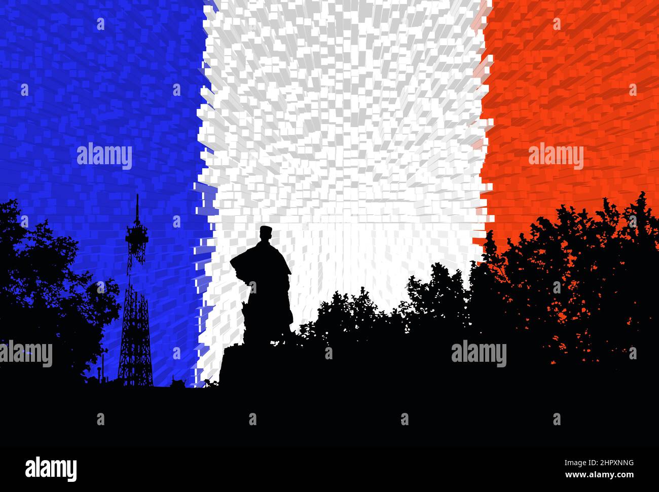 Foto illustrazione la statua di Marechal Gallieni in silhouette con la Torre Eiffel in lontananza. Una volta che i soggetti venerati sono ora il centro di c Foto Stock