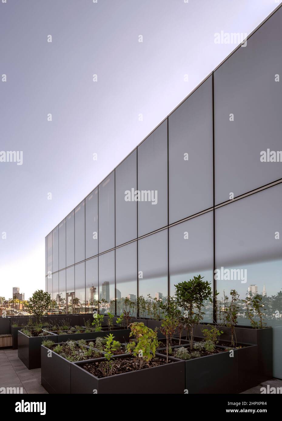Riflesso del giardino in vetrata elevazione orientale. Bloom Clerkenwell, Londra, Regno Unito. Architetto: John Robertson Architects, 2021. Foto Stock