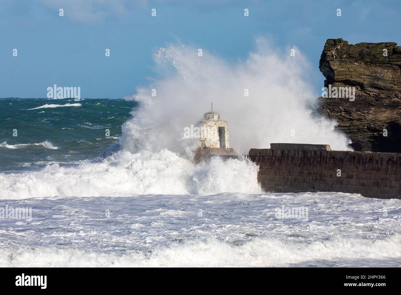 Portreath, Cornovaglia, 24th febbraio 2022, forti venti di 46mph con le docce di grandine ha causato grandi onde a Portreath, Cornovaglia questa mattina. La temperatura era di 7C ma con il fattore windchill si sentiva come 2C. Gli escursionisti di cani e le persone hanno ancora coraggiato una passeggiata lungo la spiaggia.Credit: Keith Larby/Alamy Live News Foto Stock