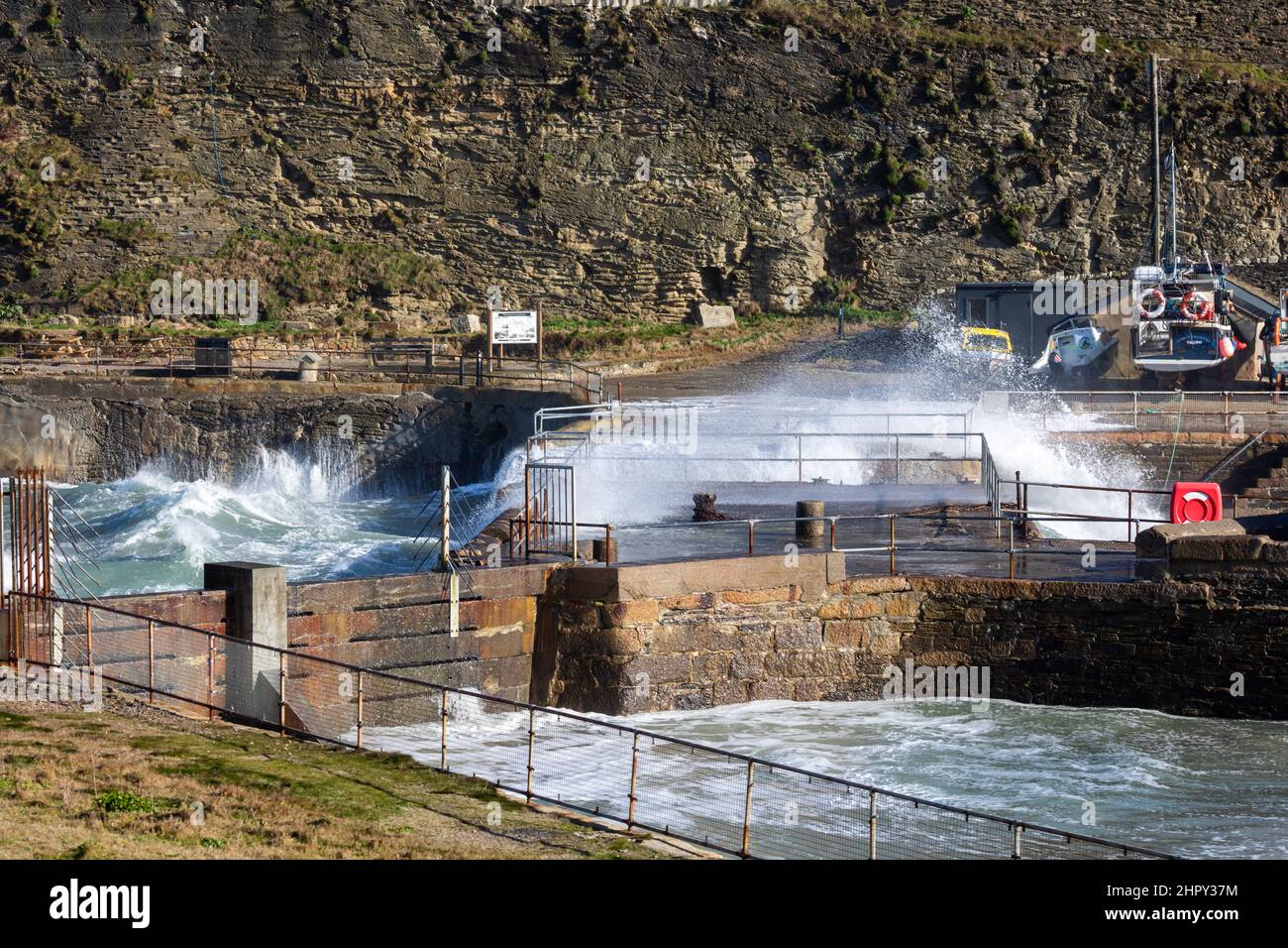 Portreath, Cornovaglia, 24th febbraio 2022, forti venti di 46mph con le docce di grandine ha causato grandi onde a Portreath, Cornovaglia questa mattina. La temperatura era di 7C ma con il fattore windchill si sentiva come 2C. Gli escursionisti di cani e le persone hanno ancora coraggiato una passeggiata lungo la spiaggia.Credit: Keith Larby/Alamy Live News Foto Stock