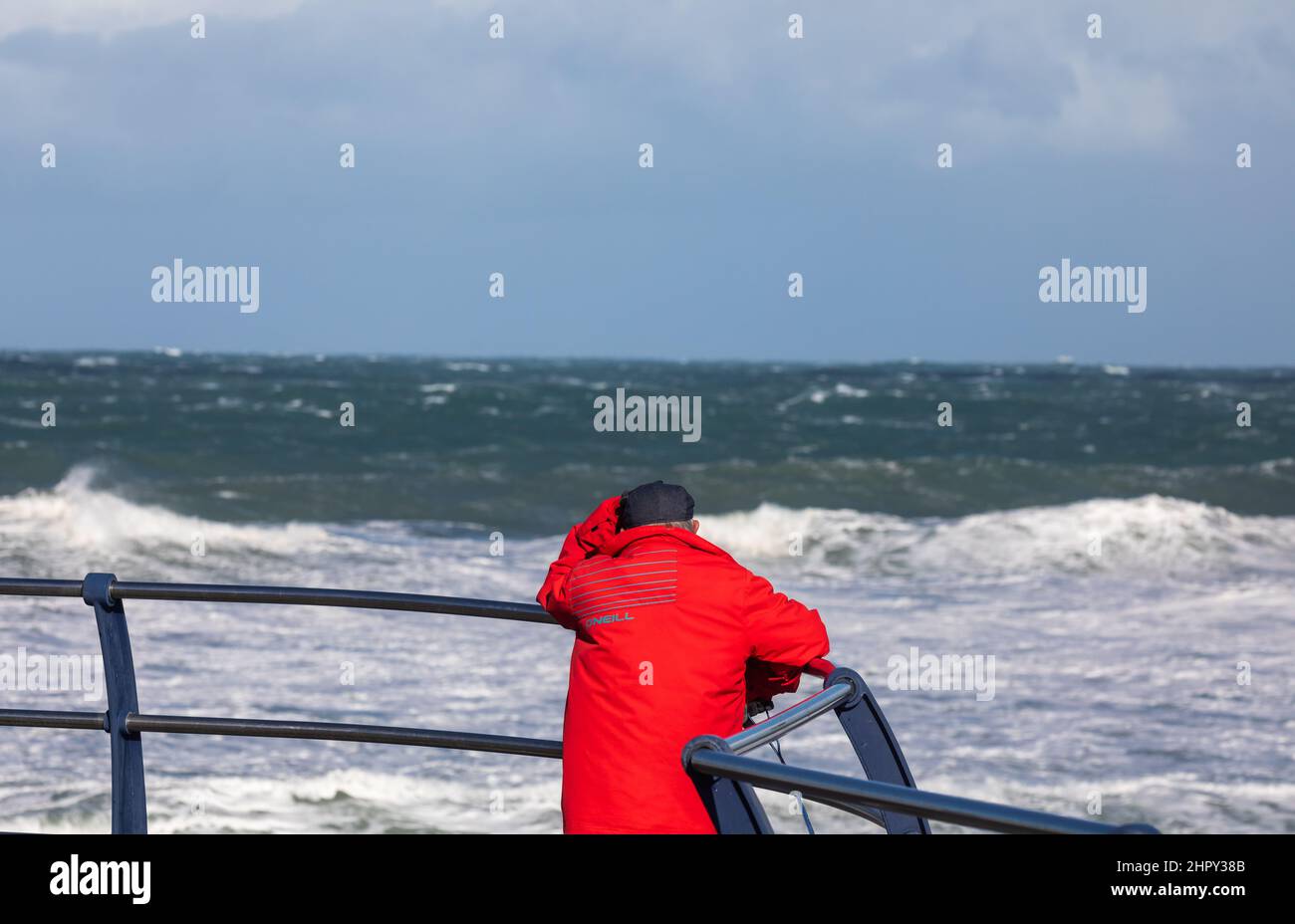 Portreath, Cornovaglia, 24th febbraio 2022, forti venti di 46mph con le docce di grandine ha causato grandi onde a Portreath, Cornovaglia questa mattina. La temperatura era di 7C ma con il fattore windchill si sentiva come 2C. Gli escursionisti di cani e le persone hanno ancora coraggiato una passeggiata lungo la spiaggia.Credit: Keith Larby/Alamy Live News Foto Stock