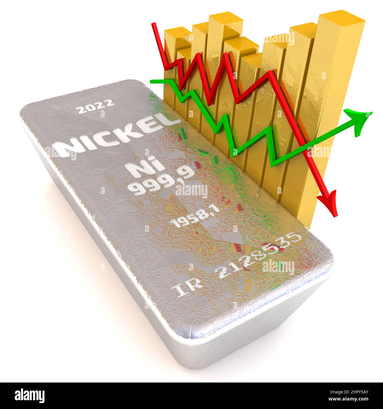 Variazioni del valore del nichel. Un grilletto di 999,9 nichel fine con grafico dorato su superficie bianca. 3D illustrazione Foto Stock