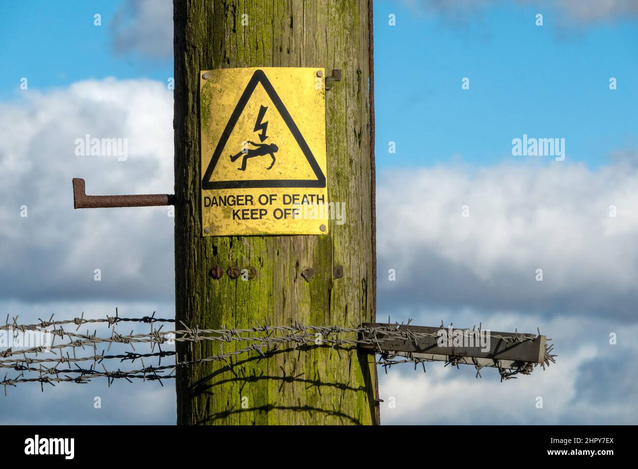 Segnale di pericolo di morte montato su un palo di legno Foto Stock